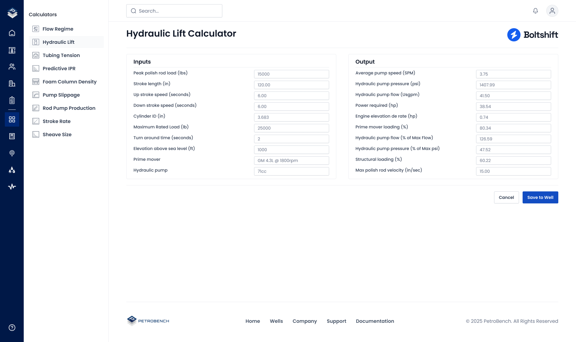 Hydraulic Lift Calculator interface