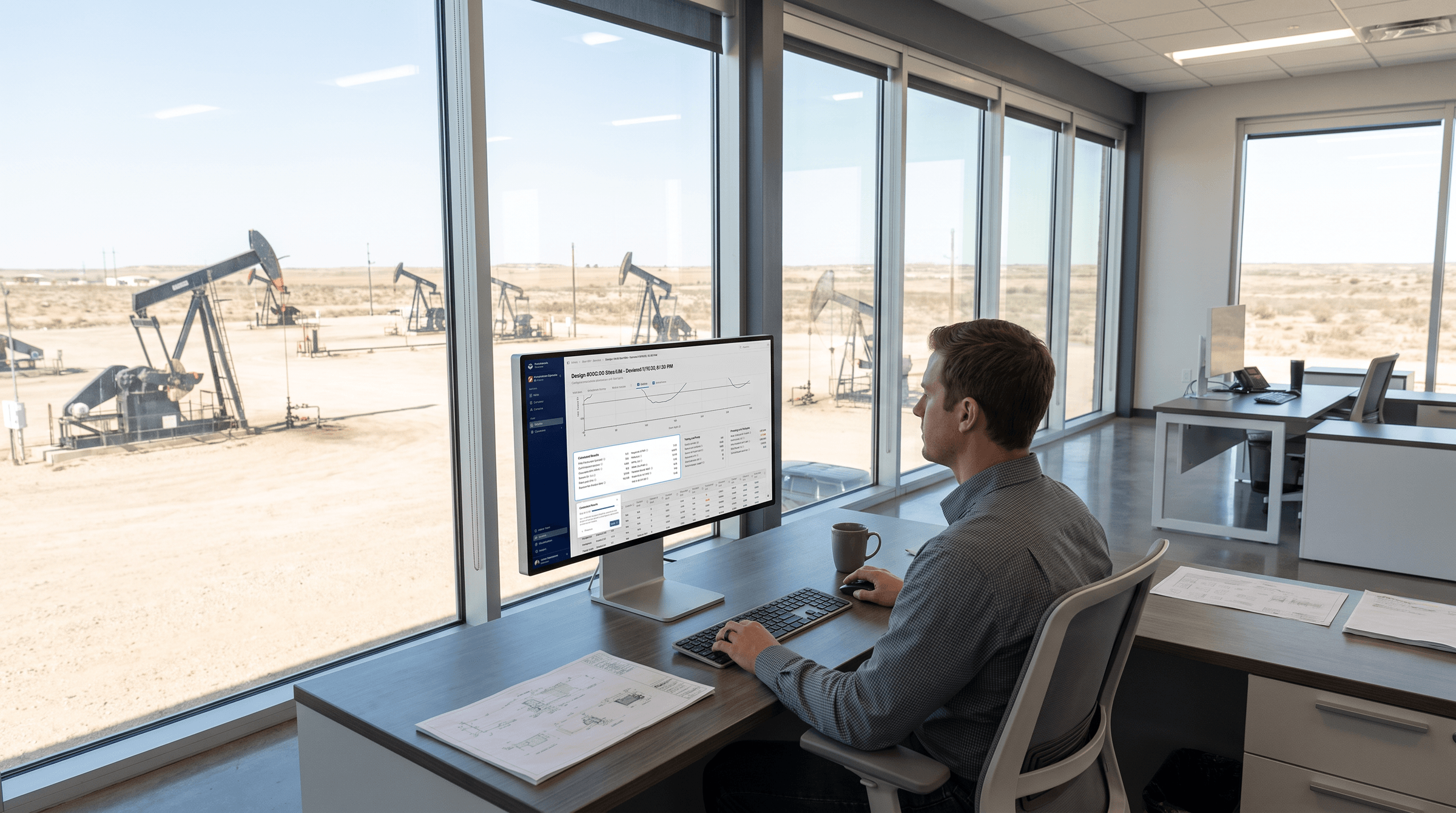 Engineer reviewing RodSim design comparison on a laptop in the office