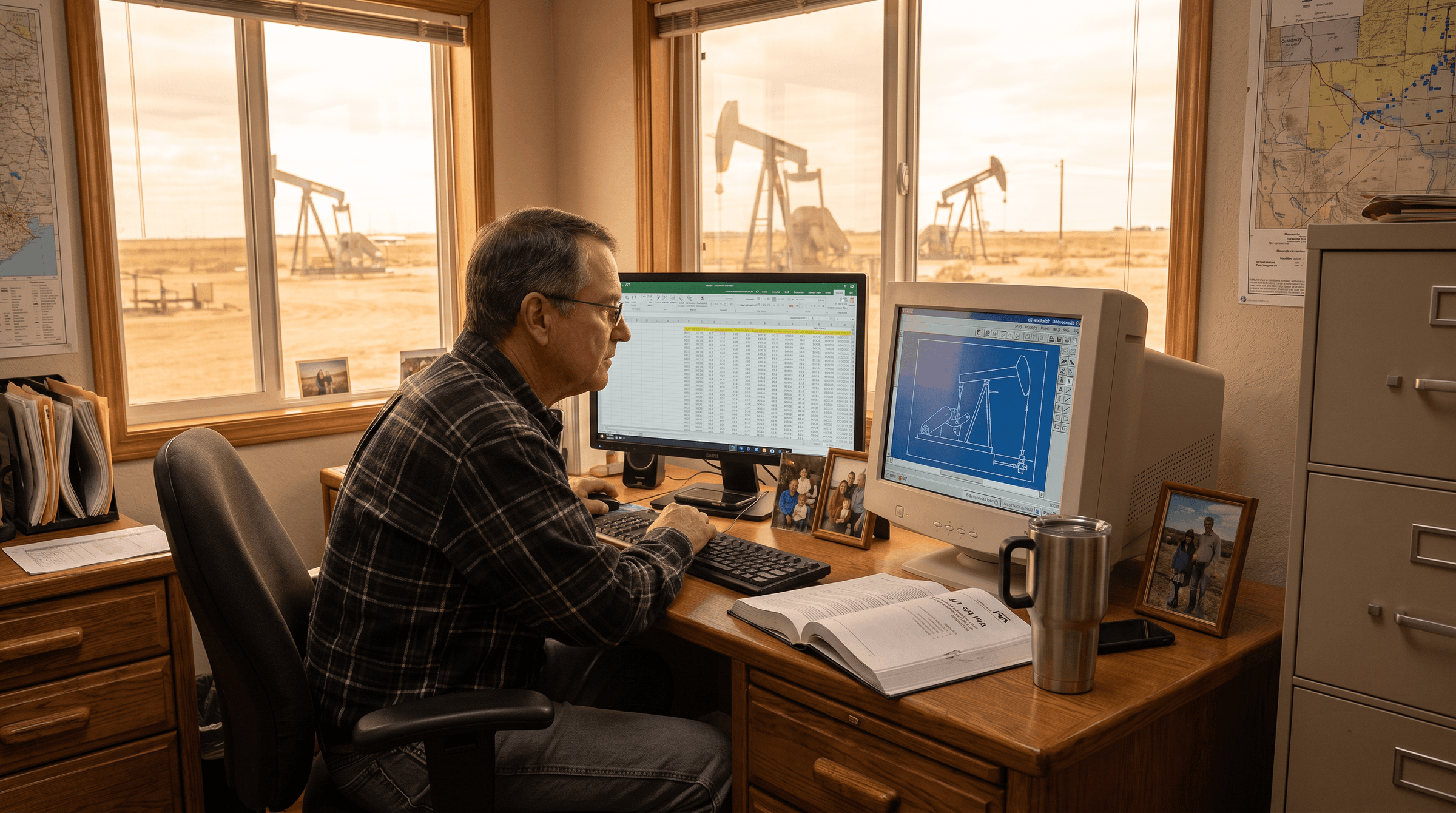 Petroleum engineer reviewing rod lift design on a desktop workstation