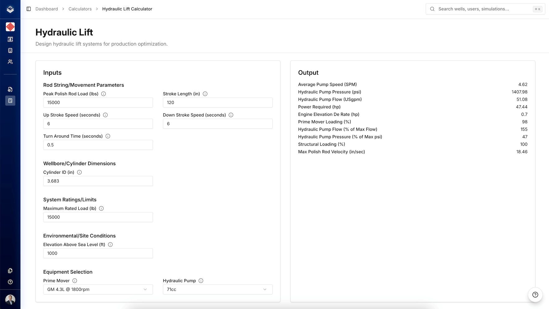 Hydraulic Lift Calculator interface