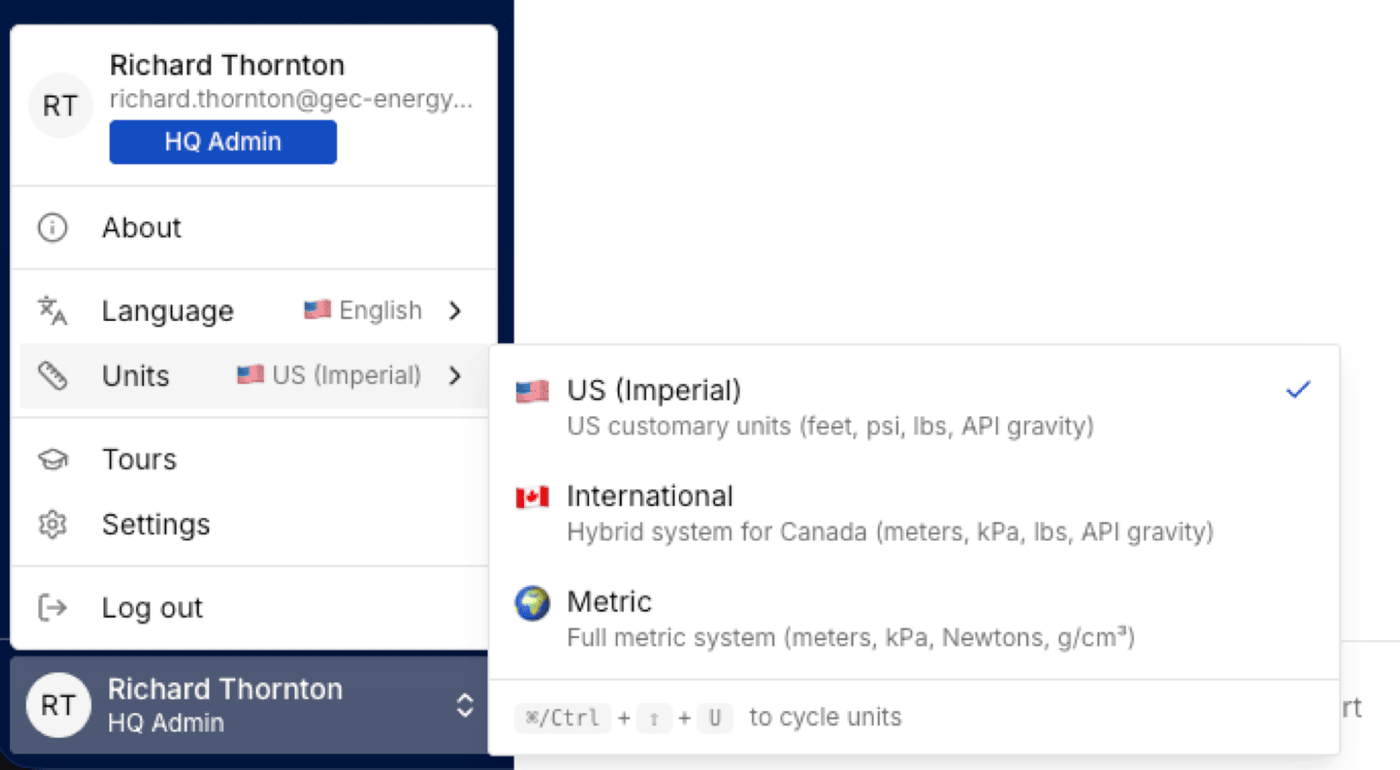 Unit system selection dropdown