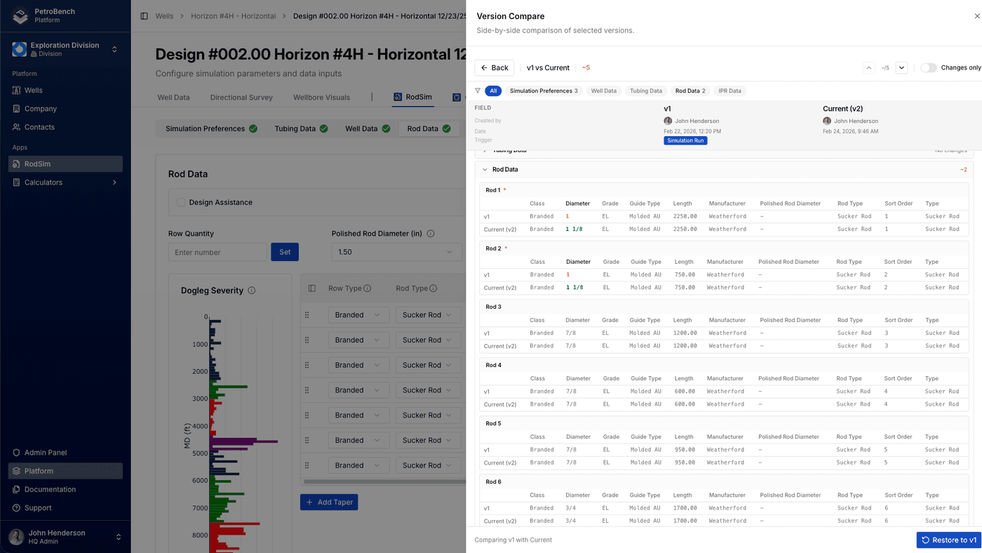 Side-by-side version diff with changes highlighted